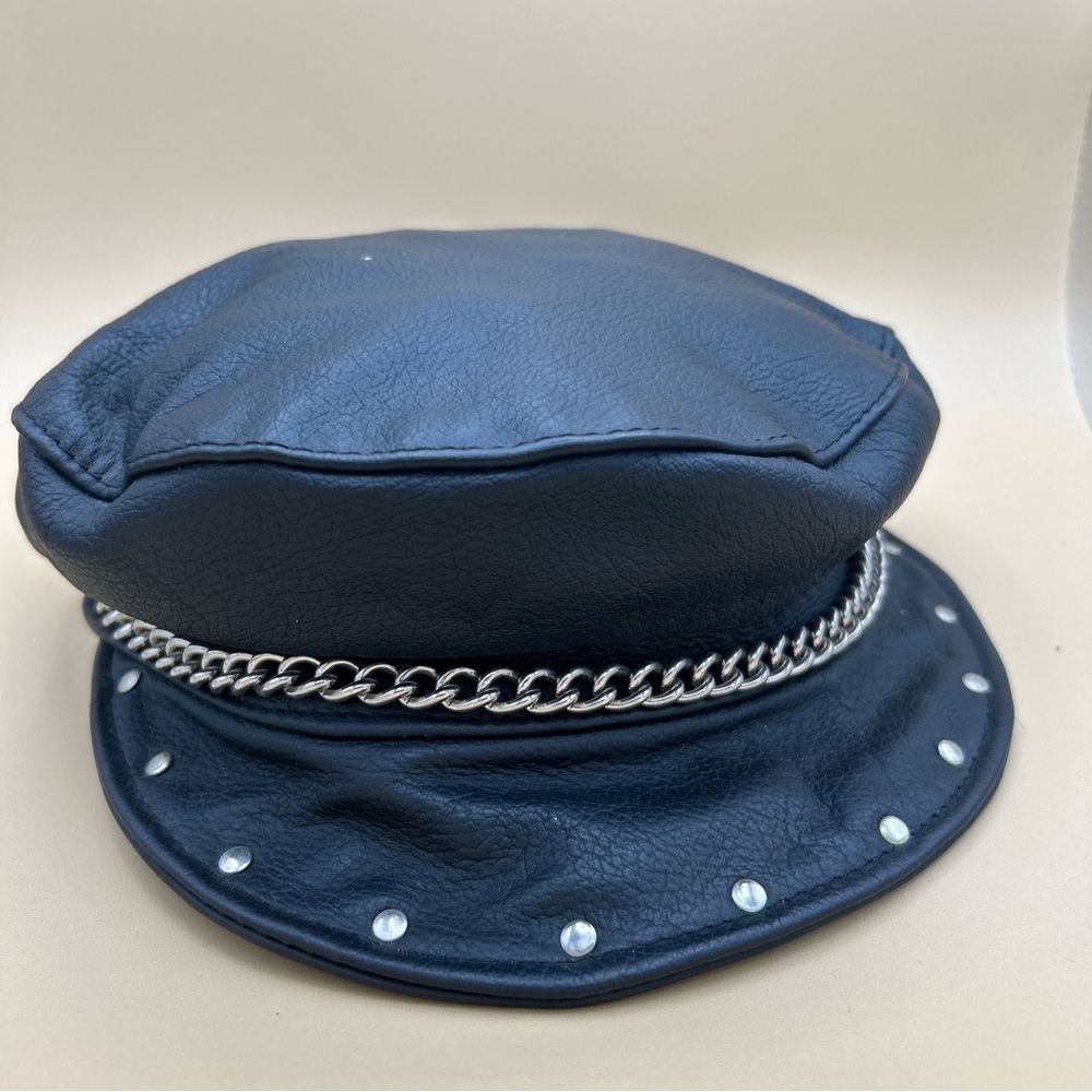 Vintage Muir Cap Made In USA W/ Chain Biker Cap Village People - GENUINE LEATHER